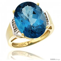 10k Yellow Gold Diamond London Blue Topaz Ring 9.7 ct Large Oval Stone 16x12 mm, 5/8 in wide