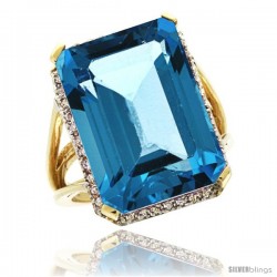 10k Yellow Gold Diamond London Blue Topaz Ring 14.96 ct Emerald shape 18x13 mm Stone, 13/16 in wide