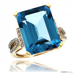 10k Yellow Gold Diamond London Blue Topaz Ring 12 ct Emerald Shape 16x12 Stone 3/4 in wide