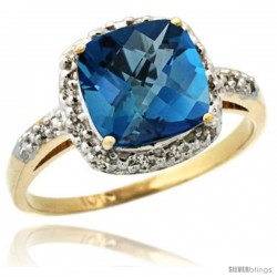 10k Yellow Gold Diamond London Blue Topaz Ring 2.08 ct Cushion cut 8 mm Stone 1/2 in wide