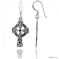 Sterling Silver Celtic High Cross Dangle Earrings Triquetra Pattern, 1 1/2 in tall