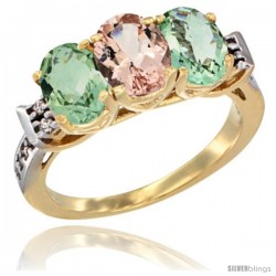 10K Yellow Gold Natural Morganite & Green Amethyst Sides Ring 3-Stone Oval 7x5 mm Diamond Accent