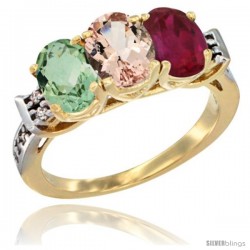 10K Yellow Gold Natural Green Amethyst, Morganite & Ruby Ring 3-Stone Oval 7x5 mm Diamond Accent