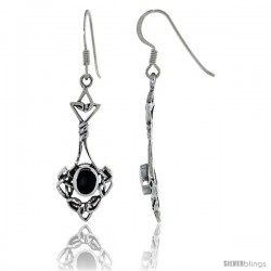 Sterling Silver Celtic Knot Dangle Earrings, w/ Oval shape Black Onyx Stone, 1 3/4 in tall