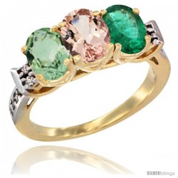 10K Yellow Gold Natural Green Amethyst, Morganite & Emerald Ring 3-Stone Oval 7x5 mm Diamond Accent