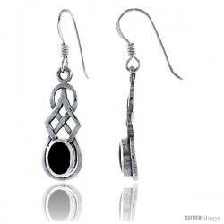 Sterling Silver Trinity Celtic Knot Dangle Earrings, w/ Oval Cut Black Onyx Stone, 1 1/2 in tall