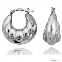 Sterling Silver High Polished Puffed Hoop Earrings, 15/16" Long