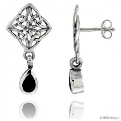 Sterling Silver Celtic Knot post Earrings, w/ Pear shape Dangle Black Onyx, 1 1/16 in tall