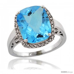 Sterling Silver Diamond Natural Swiss Blue Topaz Ring 5.17 ct Checkerboard Cut Cushion 12x10 mm, 1/2 in wide