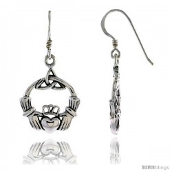 Sterling Silver Claddagh inIrish Friendship Symbol in Trinity Celtic Dangle Earrings, 1 3/8 in tall