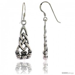Sterling Silver Claddagh inIrish Friendship Symbol in Celtic Dangle Earrings, 1 11/16 in tall