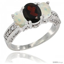 10K White Gold Ladies Oval Natural Garnet 3-Stone Ring with Opal Sides Diamond Accent