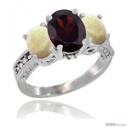 10K White Gold Ladies Natural Garnet Oval 3 Stone Ring with Opal Sides Diamond Accent