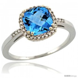 Sterling Silver Diamond Natural Swiss Blue Topaz Ring 1.5 ct Checkerboard Cut Cushion Shape 7 mm, 3/8 in wide