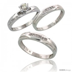 10k White Gold Diamond Trio Wedding Ring Set His 4.5mm & Hers 3.5mm