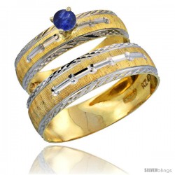 10k Gold 2-Piece 0.25 Carat Deep Blue Sapphire Ring Set (Engagement Ring & Man's Wedding Band) Diamond-cut Pattern Rhodium