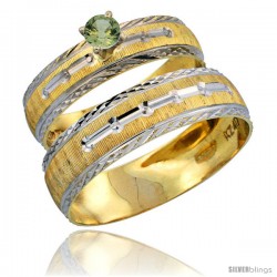 10k Gold 2-Piece 0.25 Carat Green Sapphire Ring Set (Engagement Ring & Man's Wedding Band) Diamond-cut Pattern Rhodium Accent