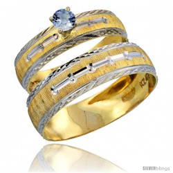 10k Gold 2-Piece 0.25 Carat Light Blue Sapphire Ring Set (Engagement Ring & Man's Wedding Band) Diamond-cut Pattern Rhodium