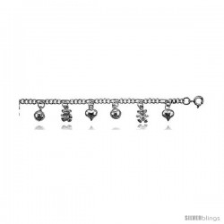 Sterling Silver Figaro Anklet w/ Heart & Teddy Bear Charms