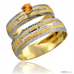 10k Gold 2-Piece 0.25 Carat Orange Sapphire Ring Set (Engagement Ring & Man's Wedding Band) Diamond-cut Pattern Rhodium Accent