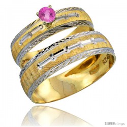 10k Gold 2-Piece 0.25 Carat Pink Sapphire Ring Set (Engagement Ring & Man's Wedding Band) Diamond-cut Pattern Rhodium Accent