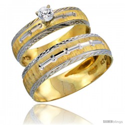 10k Gold 2-Piece 0.25 Carat White Sapphire Ring Set (Engagement Ring & Man's Wedding Band) Diamond-cut Pattern Rhodium Accent