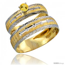 10k Gold 2-Piece 0.25 Carat Yellow Sapphire Ring Set (Engagement Ring & Man's Wedding Band) Diamond-cut Pattern Rhodium Accent