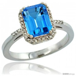 Sterling Silver Diamond Natural Swiss Blue Topaz Ring 1.6 ct Emerald Shape 8x6 mm, 1/2 in wide -Style Cwg04129