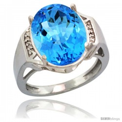 Sterling Silver Diamond Natural Swiss Blue Topaz Ring 9.7 ct Large Oval Stone 16x12 mm, 5/8 in wide