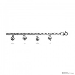 Sterling Silver Charm Anklet w/ Dangling Hearts and Chime Balls