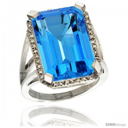 Sterling Silver Diamond Natural Swiss Blue Topaz Ring 14.96 ct Emerald Shape 18x13 mm Stone, 13/16 in wide