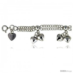 Sterling Silver Charm Bracelet w/ Dangling Clustered Hearts