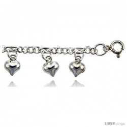 Sterling Silver Charm Bracelet w/ Dangling Puffed Hearts