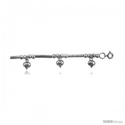 Sterling Silver Charm Bracelet w/ Dangling Puffed Hearts -Style 6cb452