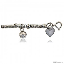 Sterling Silver Charm Bracelet w/ Dangling Puffed Hearts and Chime Balls