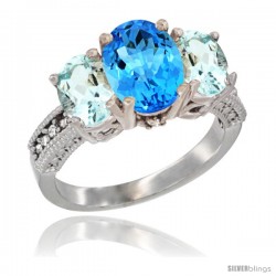 14K White Gold Ladies 3-Stone Oval Natural Swiss Blue Topaz Ring with Aquamarine Sides Diamond Accent