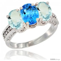 14K White Gold Natural Swiss Blue Topaz & Aquamarine Sides Ring 3-Stone Oval 7x5 mm Diamond Accent