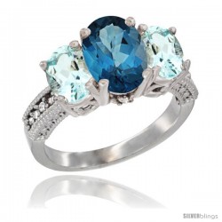 14K White Gold Ladies 3-Stone Oval Natural London Blue Topaz Ring with Aquamarine Sides Diamond Accent