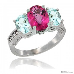 14K White Gold Ladies 3-Stone Oval Natural Pink Topaz Ring with Aquamarine Sides Diamond Accent