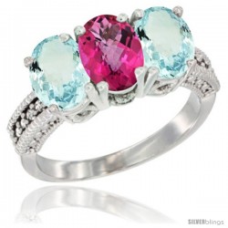 14K White Gold Natural Pink Topaz & Aquamarine Sides Ring 3-Stone Oval 7x5 mm Diamond Accent