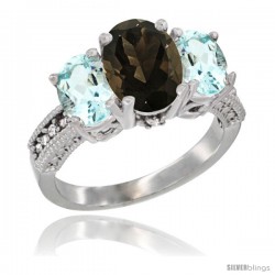 14K White Gold Ladies 3-Stone Oval Natural Smoky Topaz Ring with Aquamarine Sides Diamond Accent