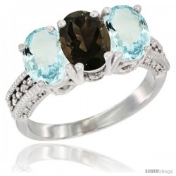 14K White Gold Natural Smoky Topaz & Aquamarine Sides Ring 3-Stone Oval 7x5 mm Diamond Accent