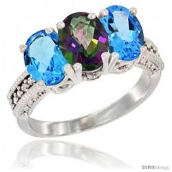 14K White Gold Natural Mystic Topaz & Swiss Blue Topaz Sides Ring 3-Stone 7x5 mm Oval Diamond Accent