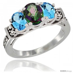 14K White Gold Natural Mystic Topaz & Swiss Blue Topaz Ring 3-Stone Oval with Diamond Accent