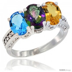 14K White Gold Natural Swiss Blue Topaz, Mystic Topaz & Citrine Ring 3-Stone 7x5 mm Oval Diamond Accent