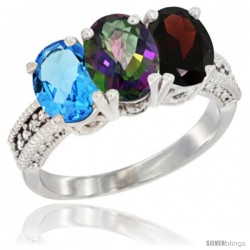 14K White Gold Natural Swiss Blue Topaz, Mystic Topaz & Garnet Ring 3-Stone 7x5 mm Oval Diamond Accent