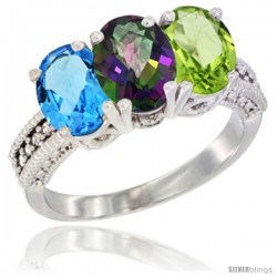 14K White Gold Natural Swiss Blue Topaz, Mystic Topaz & Peridot Ring 3-Stone 7x5 mm Oval Diamond Accent