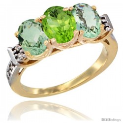 10K Yellow Gold Natural Peridot & Green Amethyst Sides Ring 3-Stone Oval 7x5 mm Diamond Accent