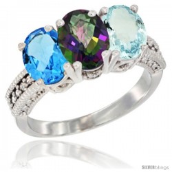 14K White Gold Natural Swiss Blue Topaz, Mystic Topaz & Aquamarine Ring 3-Stone 7x5 mm Oval Diamond Accent