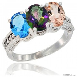 14K White Gold Natural Swiss Blue Topaz, Mystic Topaz & Morganite Ring 3-Stone 7x5 mm Oval Diamond Accent